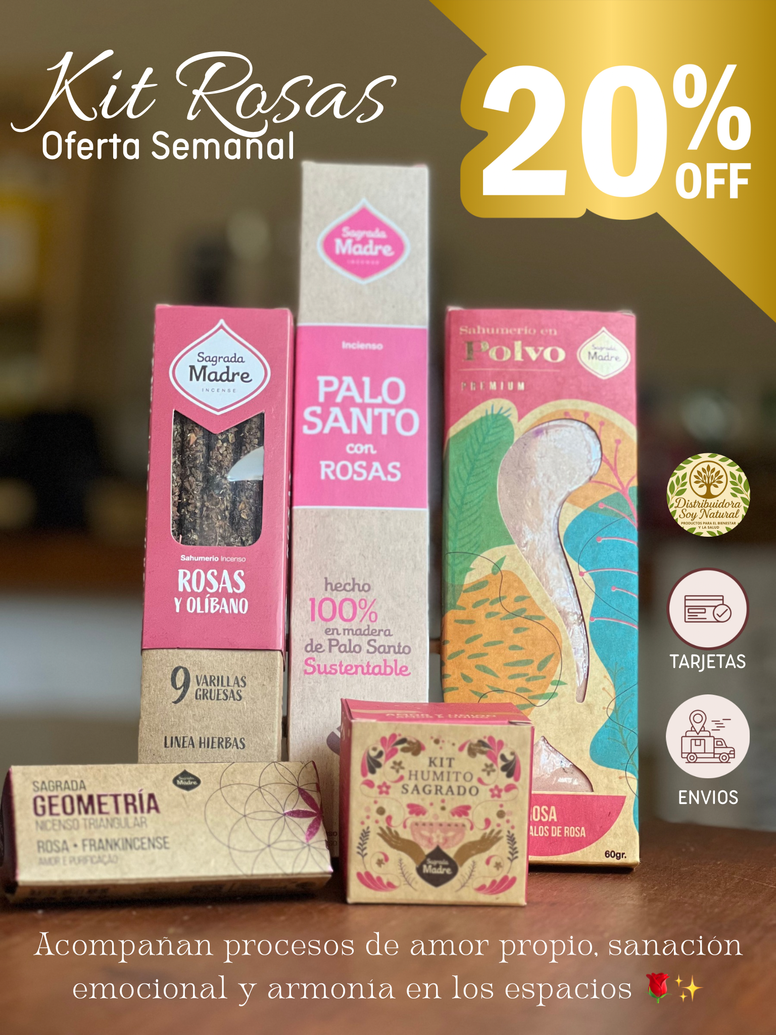 KIT ROSAS - Incluye: Sahumerio Palo Santo con Rosas - Sahumerio en Polvo Rosas - Kit Humito Amor y U