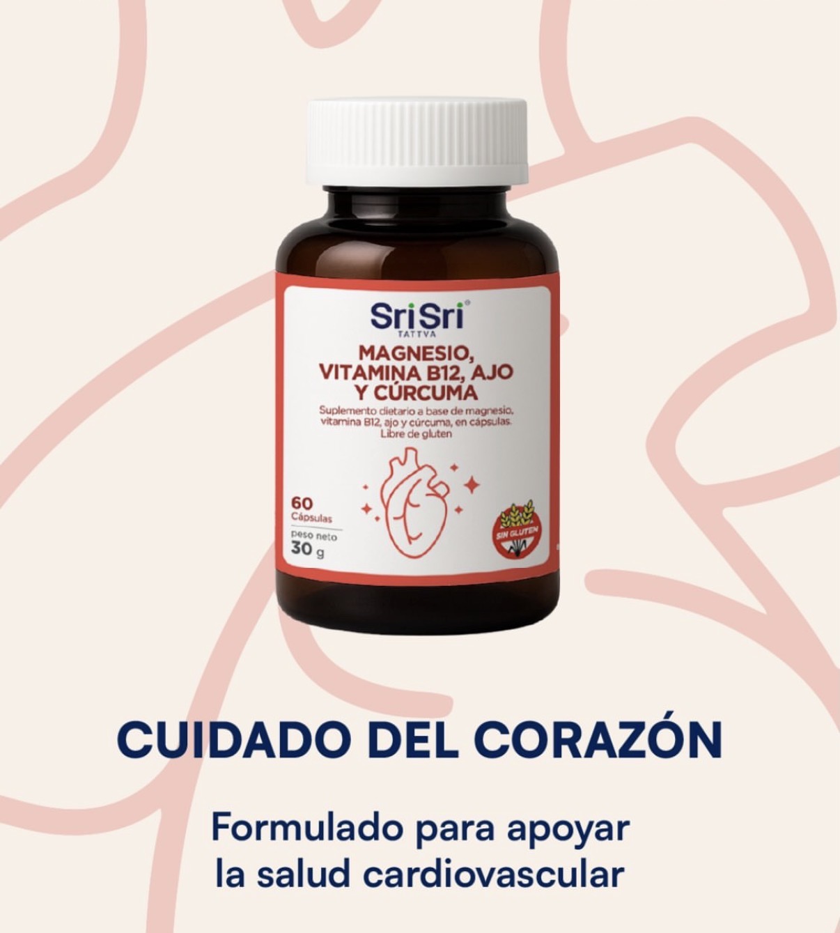 Suplemento a Base de Magnesio, Vitamina B12, Ajo y Curcuma. PARA EL CUIDADO DEL CORAZON. 60 Capsulas